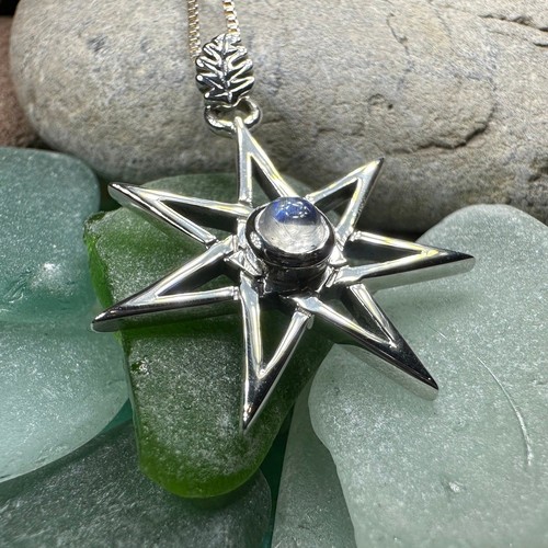Collar Colgante Estrella Elfa Piedra Lunar Estrella Siete Puntas 925 Wicca con CADENA GRATIS - Imagen 9 de 10