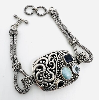 Grobes Sterlingsilber Larimar & Iolith Topas Granat balinesisches Armband 32 gm