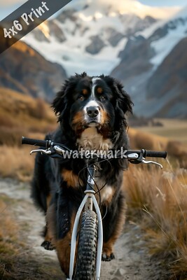 Bernese Mountain Dog riding a bike through the mountains 4x6 Print