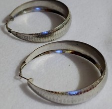 Large - Pierced Hoop Earrings Silver Tone - Textured - 3/4 in W x 2 1/2 in Dia