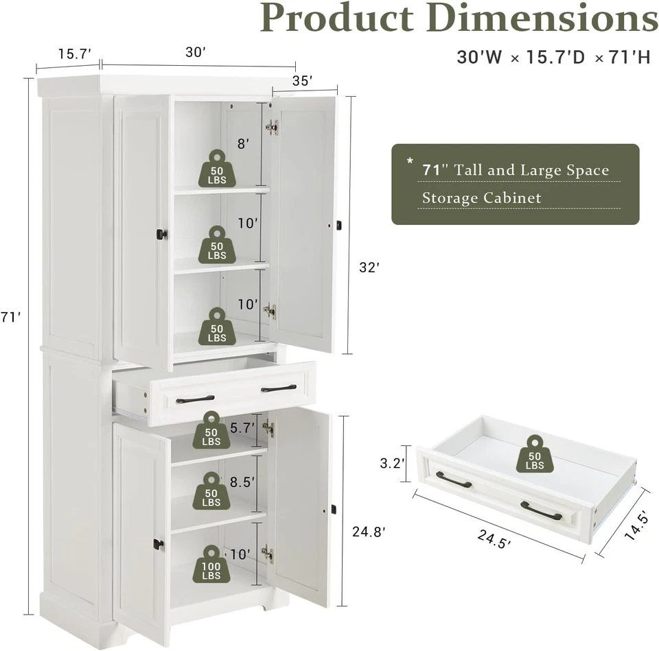71'' Tall Kitchen Pantry Cabinet Storage Cabinet w/ Drawers&Adjustable Shelves - Image 4 of 4