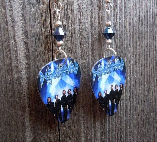 Def Leppard Guitar Pick Earrings with Metallic Blue Swarovski Crystals - Picture 2 of 3