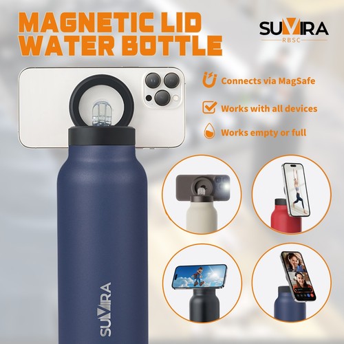 Suvira Stainless Steel Insulated Water Bottle 24 Oz –Magnetic Lid, Mag Safe - Picture 3 of 11