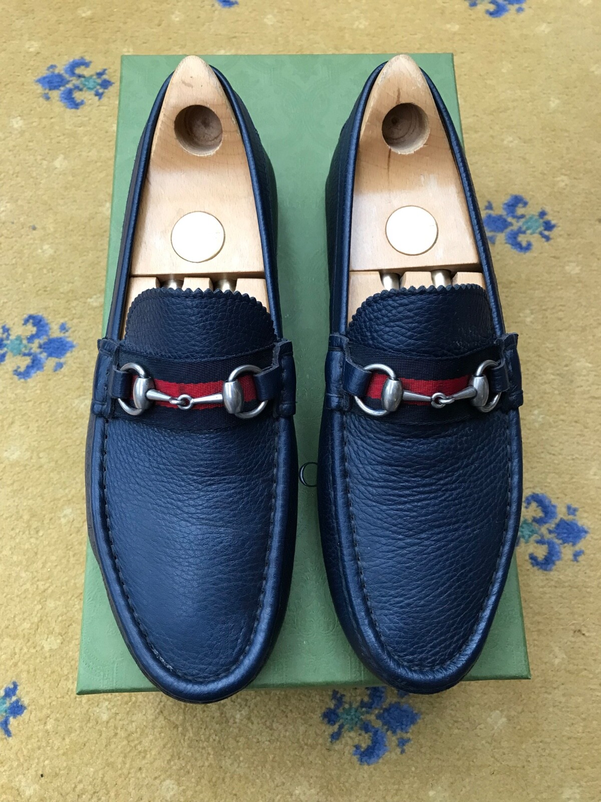 Gucci Leather Horsebit Web Blue Red Shoes Loafers Drivers Mens US 9 UK 8.5 42.5