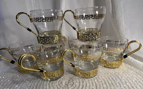 Set-8 Libbey Gold GREEK KEY Glass Continental Coffee Cups Clear Vintage