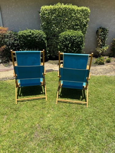 Pair Vintage Mid Century Modern wood Telescope Lounge Lawn Chairs Aqua Blue - Picture 2 of 4