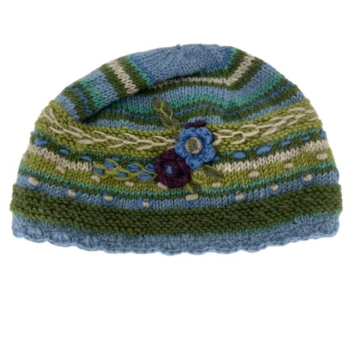 Lost Horizons Hat Wool Beanie Floral Lined Handmade In Nepal Green Blue