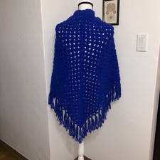 1950s Vintage Blue Crochet Fringe SHAWL w Tassel Ties Handmade Boho Knitted