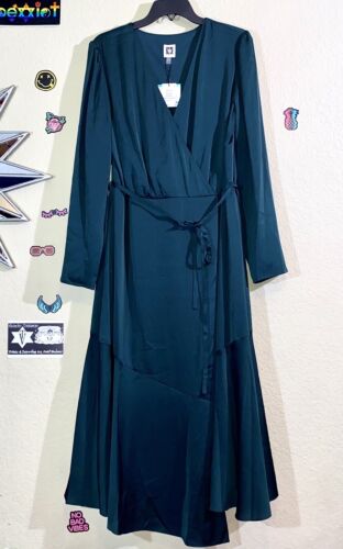 ANNE KLEIN Long Sleeve Satin Dress Green V-Neck Faux Wrap Dress Size 16