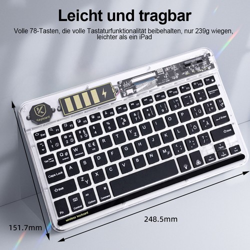 Bluetooth Tastatur Beleuchtete Wireless BT Keyboard QWERTZ kabellos PC & Tablet - Bild 7 von 15