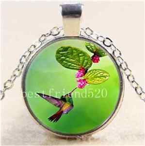 Hummingbird Whit Flower Cabochon Glass Tibet Silver Locket Pendant Necklace
