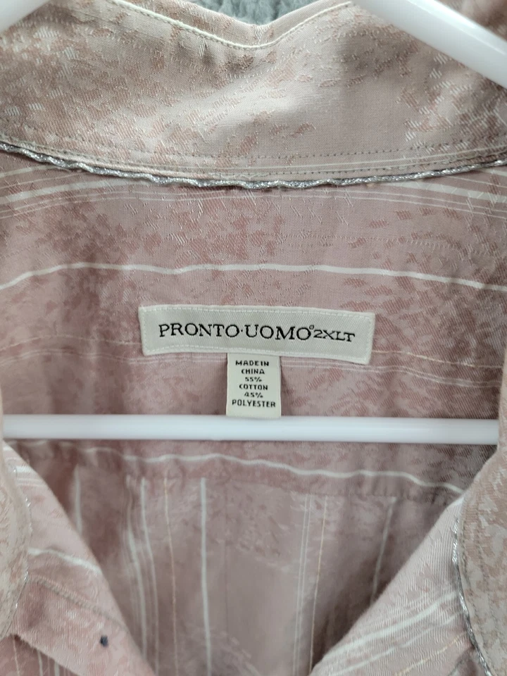 Pronto Uomo Men Button Up Long Sleeve Dress Shirt Size 2XLT Peach Stripes - Image 3 of 4