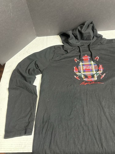 Polo Ralph Lauren Hoodie Holiday Heritage Black With Plaid Logo Pullover LARGE - Picture 2 of 8