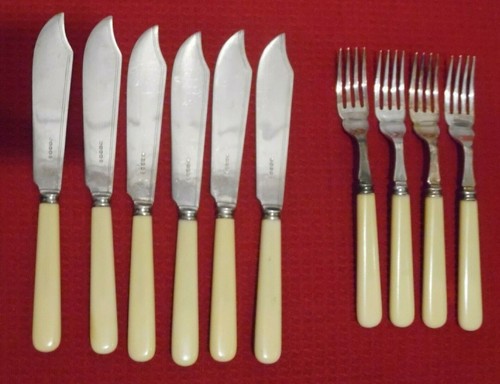 10PC ANTIQUE HARRISON BROTHERS & HOWSON SHEFFIELD SP FISH KNIVES&FORKS FAUX BONE - Picture 2 of 9