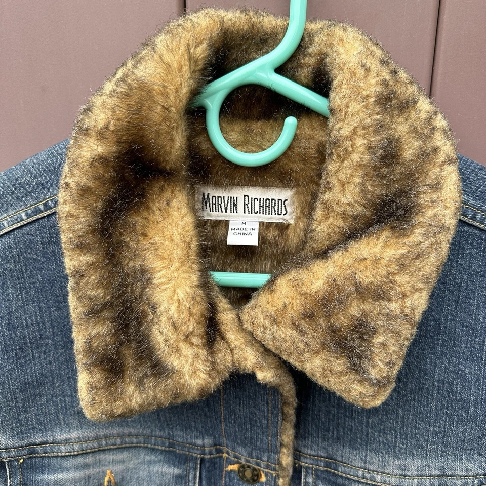 Vintage Marvin Richards Blue Denim Jean Jacket Faux Fur Lined Sz Medium 90s Y2K - Image 3 of 4