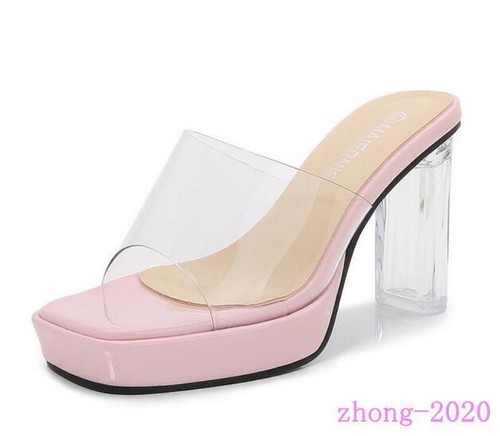 Women Clear Transparent Open Toe Platform Block Heels Slippers Casual Club Mules - Picture 7 of 15
