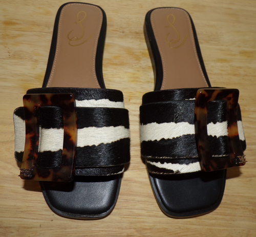 SAM EDELMAN Inez Ivory/Black Real Calf Hair Slide Sandals W/Buckle-Size 5 M - Picture 2 of 7