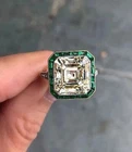 Art Deco Asscher Lab Created Diamond & Emerald Halo 14k White Gold Finish RIng