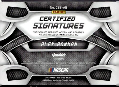 2018 Certified Signatures Race Used Alex Bowman Autograph Serial #77/99 CSS-AB - Bild 2 von 2