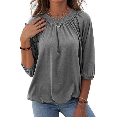 Women 3/4 Puff Sleeve Crew Neck Shirts Solid Color Elastic Hem Pleated Basic Top - Picture 33 of 48