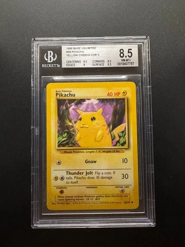 Pikachu Yellow Cheeks corrected NM-MT+ BGS 8.5 1999 Base Unlimited