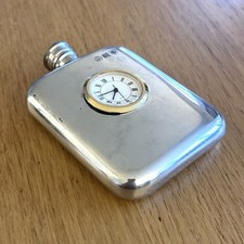 Vintage Sheffield Pewter Hip Flask With Working Clock