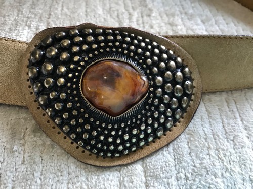 VINTAGE VITANUOVA ITALIAN LEATHER/SUEDE BRUTALIST BRASS AGATE BUCKLE MCM 4688 - Picture 7 of 12