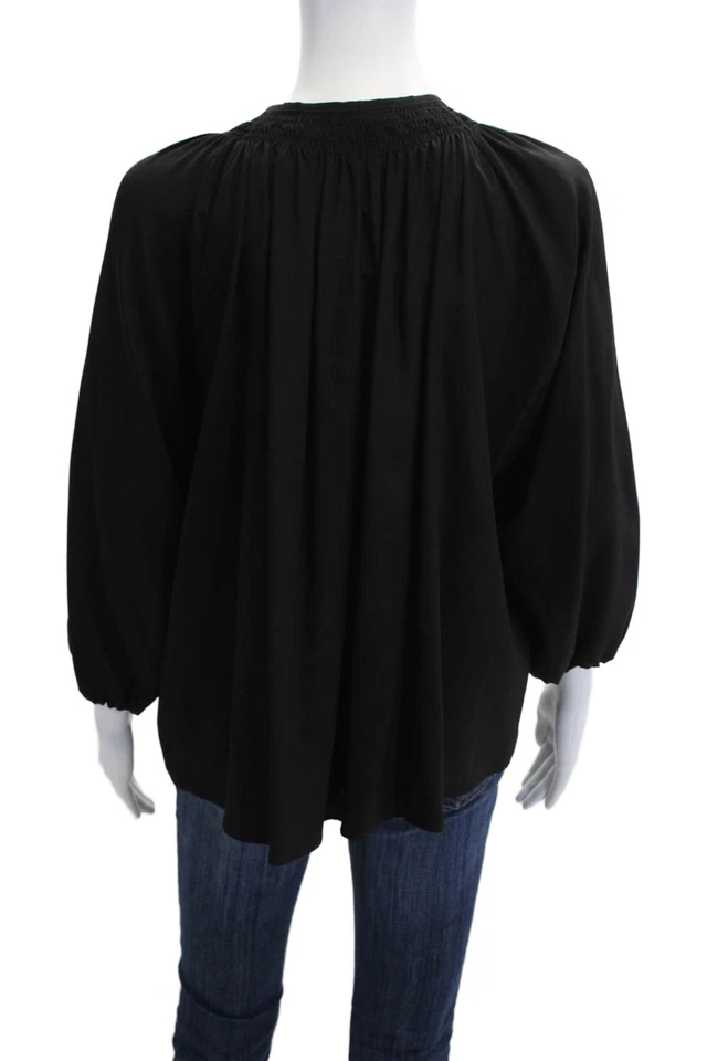 Blusa Tucker Mujer Bohemia Seda Negra Abotonada Manga 3/4 Cuello Redondo Talla M Foto 3 de 4