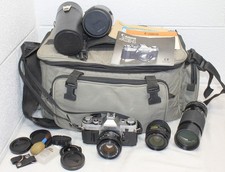 Vintage Canon AE-1 35mm SLR Film Camera Bundle, 3x Lenses EUC Tested/Works 