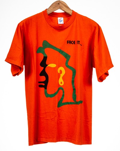 Vintage Jerzees Face It Graphic T Shirt Mens L Orange Made in USA Single Stitch