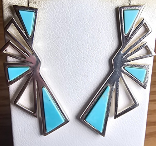 STERLING SILVER*TURQUOISE*GEOMETRIC EARRINGS*VINTAGE*ART DECO*MODERNIST*