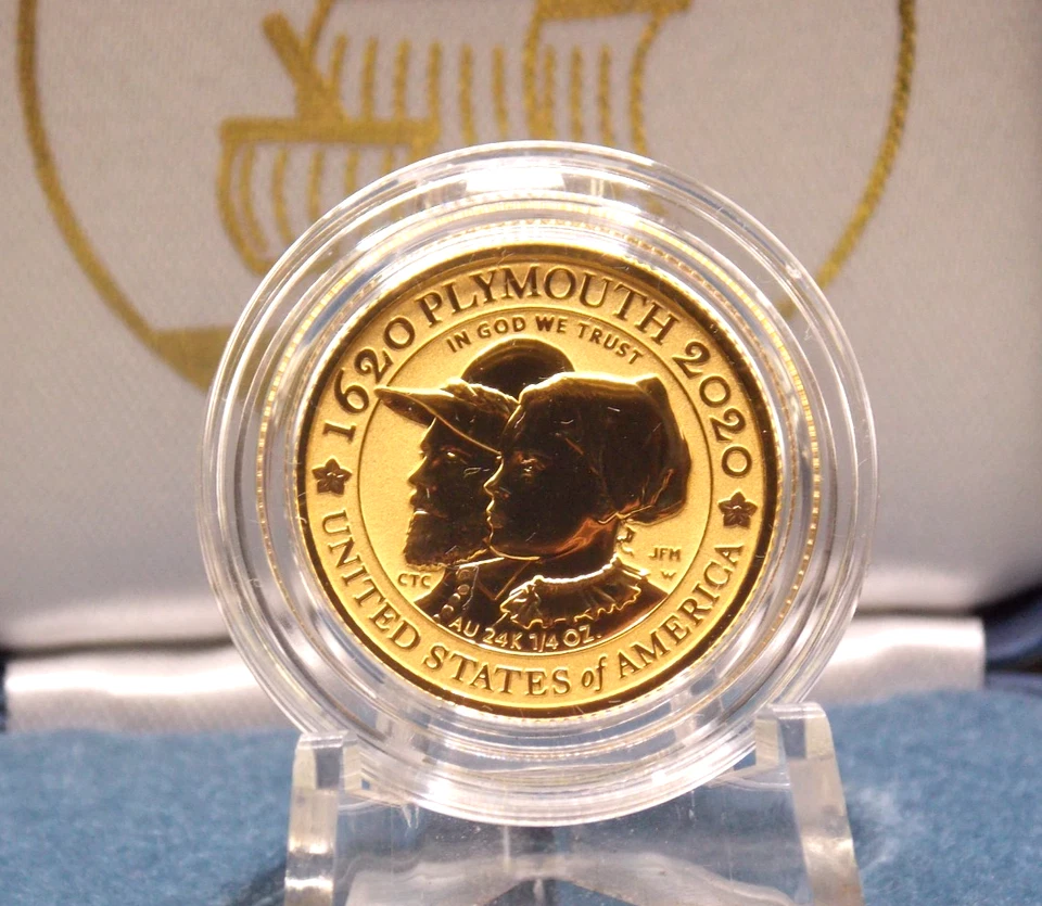 2020 "W" $10 Reverse Proof *MAYFLOWER* 400th Ann 1/4oz .9999 Fine Gold Box & COA - Image 2 of 4