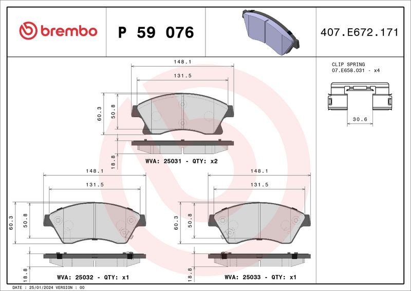Brembo Brake Pads Set Front P59076 13301207 13374966 13412272 1605169 1605261