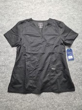 Cherokee Revolution Scrub Top Womens Sz M Black Solid Mock Wrap V-Neck Shirt