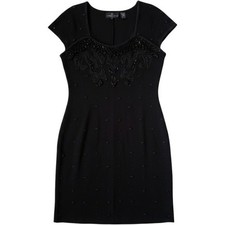 Vintage Carole Little 90s Black Beaded Knit Dress Wool Blend Cap Sleeve Large