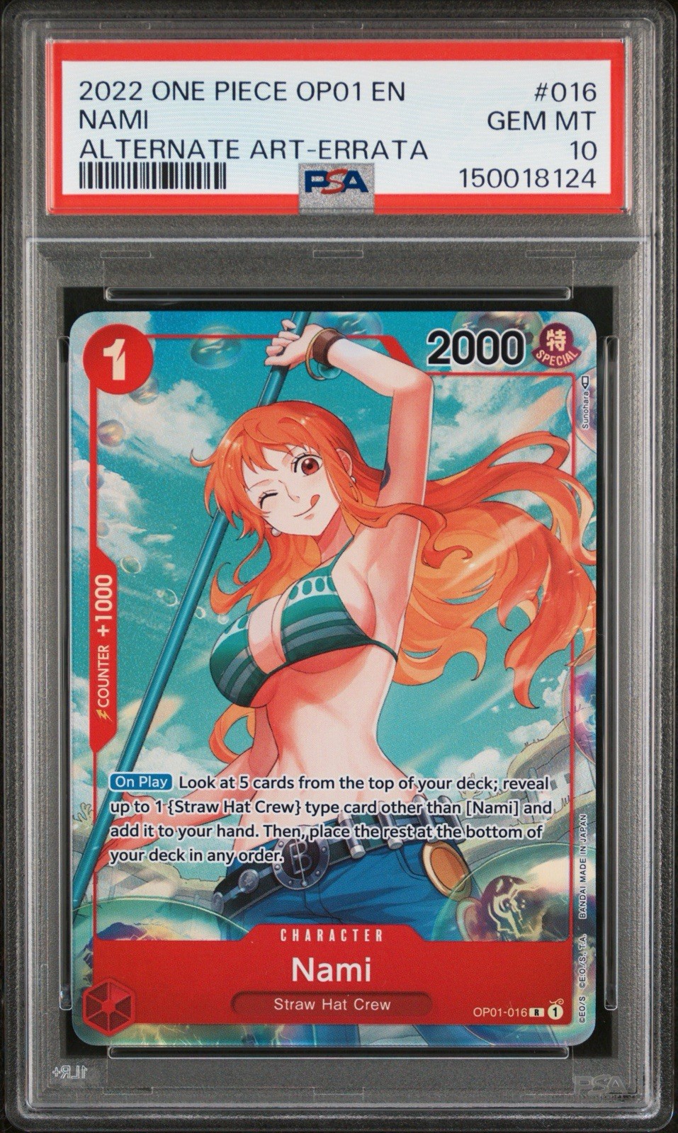 Nami One Piece OP01-016 English Romance Dawn Alt Art Errata GEM MINT PSA 10