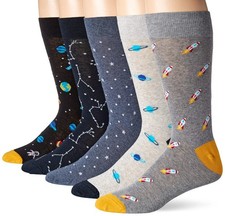 Amazon Essentials Men's Patterned Dress Crew Socks, 5 Pairs, 8-12, Space