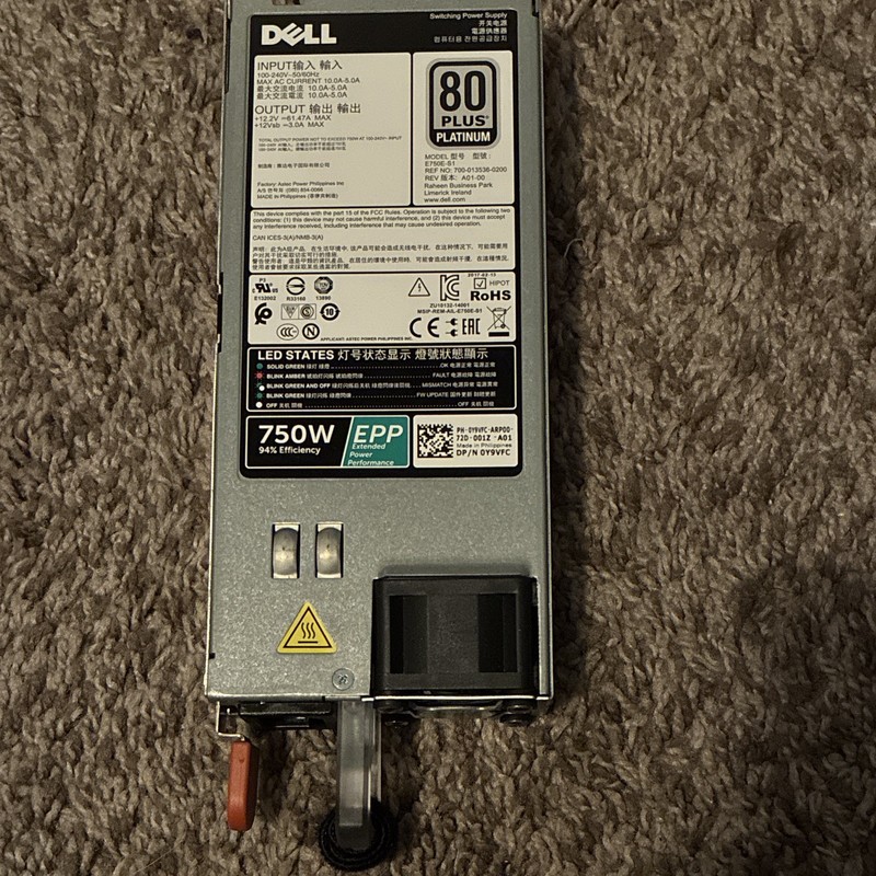 Dell PowerEdge 750W 80 Plus Platinum Hot Plug PSU 09Y6FC D750E-S6