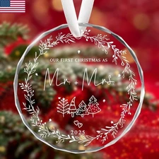 'Our First Christmas as Mr and Mrs' Round Glass Christmas Tree Hanging Ornament