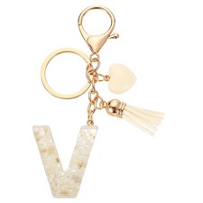 Initial Letter Keychains, Resin Cute Pendant with Heart  Tassel, White-V