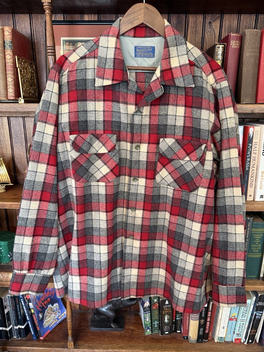 トップス 60s Pendleton wool board shirt Vintage 1960s Men's PENDLETON XL Wool Board Shirt Red Gray Button