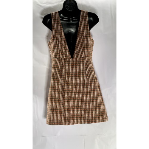UNBRANDED Women's Brown Plaid Houndstooth Double V-Neck Sleeveless Dress SZ S - Picture 2 of 8