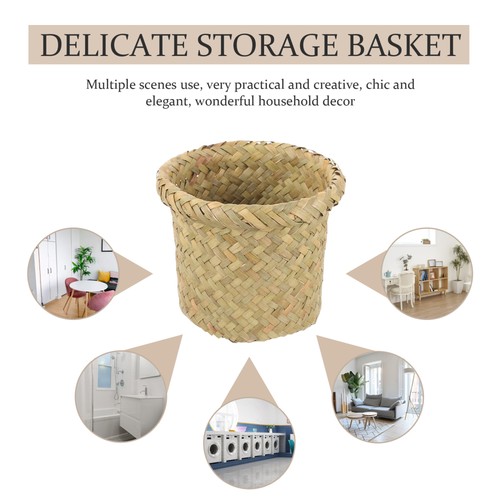 Wastebasket Trash Can Seaweed Handwoven Paper Bin Wicker Waste Basket - Picture 2 of 12