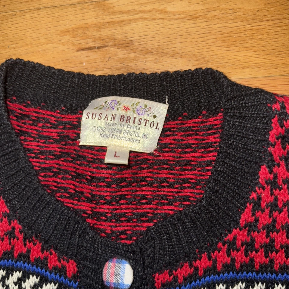 Vintage Susan Bristol Cardigan Sweater Scottie Dogs Sz L Plaid Grandma - Image 2 of 4