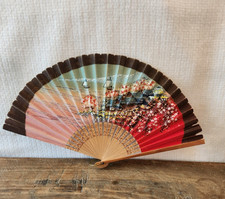 Vintage Paper Folding Fan Japanese Landscape Cherry Blossoms Sail Boats Hand Fan