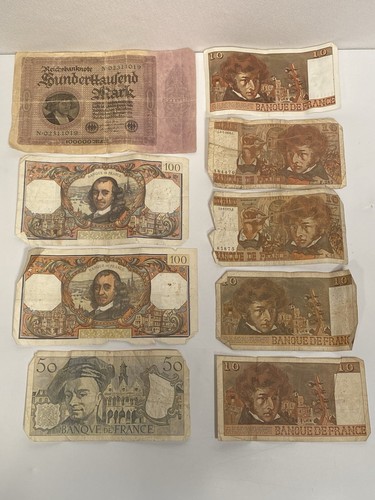 Vintage French and German Bank Notes - Lot of 9 Notes