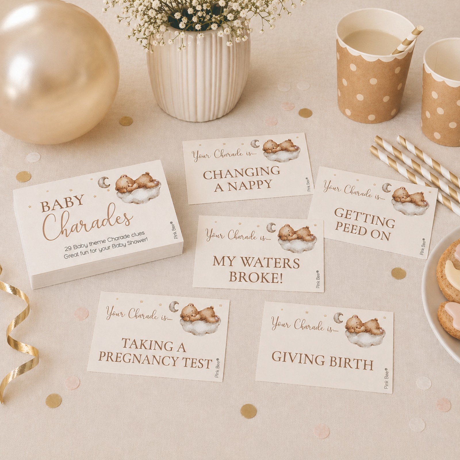 CHARADES BABY SHOWER GAME - WE CAN BARELY WAIT THEME - TEDDY, UNISEX,NEUTRAL