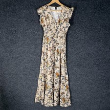 SheIn Dress Women M Medium Beige Floral Maxi Long Elastic Waist V-Neck Casual
