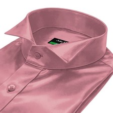 Men's Wing Tip Collar Shirt Rose Pink Satin Black Tie Wedding Prom Evening Dress