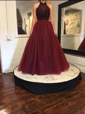 Jovani Burgundy Beaded Halter Neck Pageant Dress Open Back  